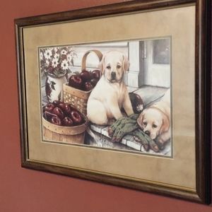 VINTAGE HOME AND GARDEN FRAMED PICTURE YELLOW LABS APPLES GORGEOUS